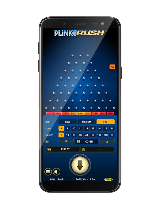Määritä rivien määrä ja riskitaso ja aloita Plinko Rushin pelaaminen vaihe 5