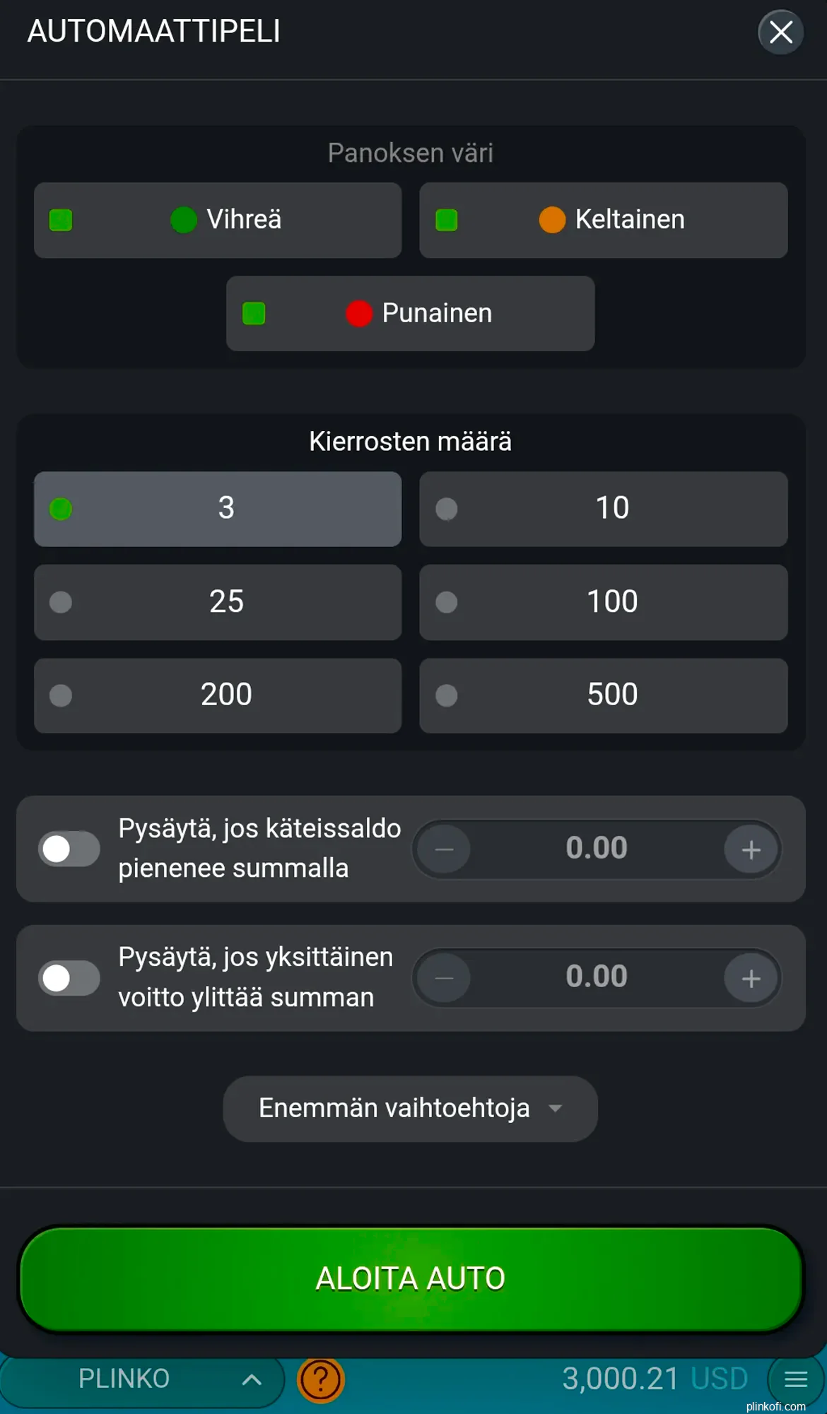 Automaattisen pelaamisen asetukset