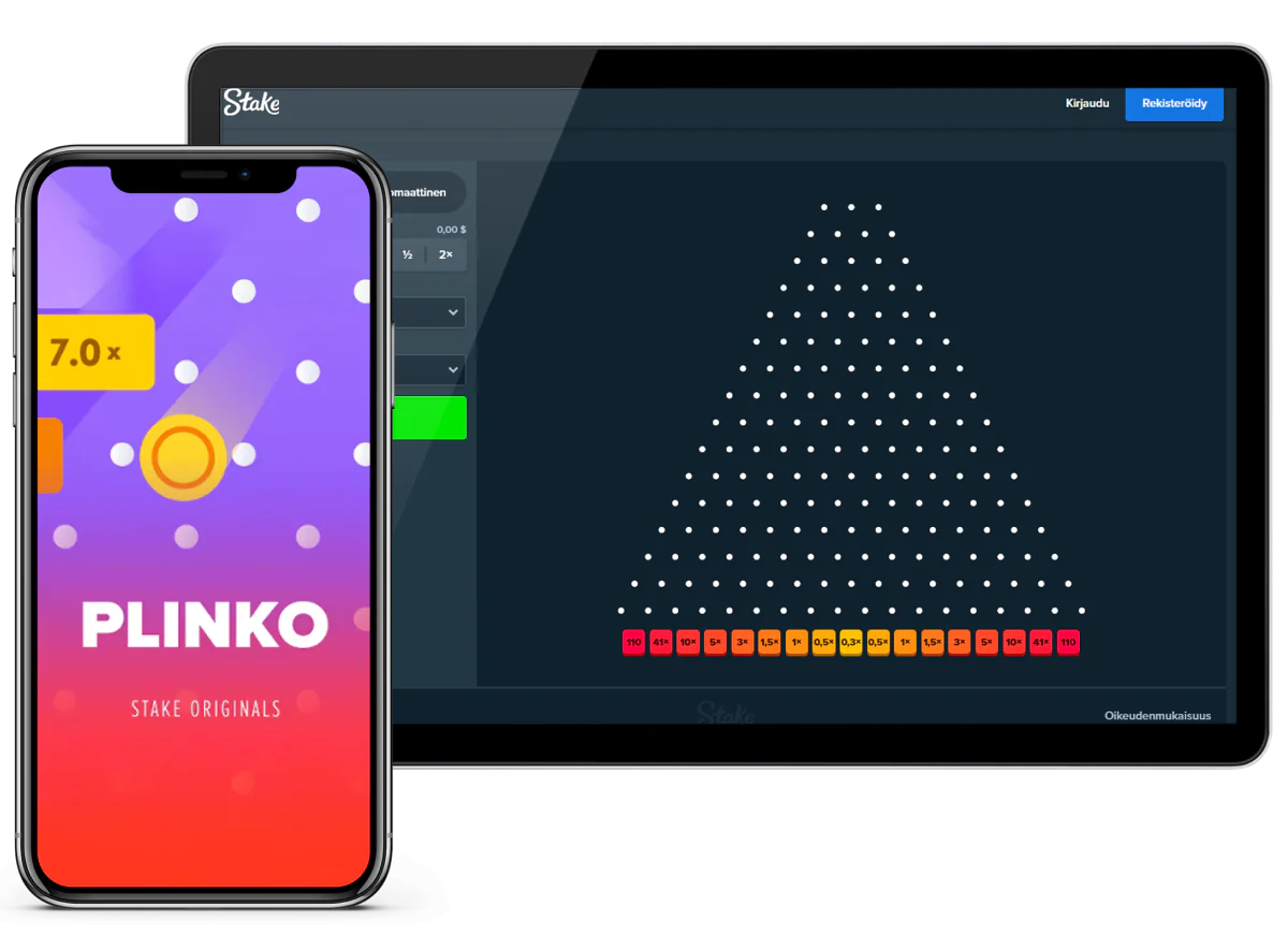 Plinko peli Stake kasinolla, jossa on 99 % RTP ja kryptovaluuttamaksut